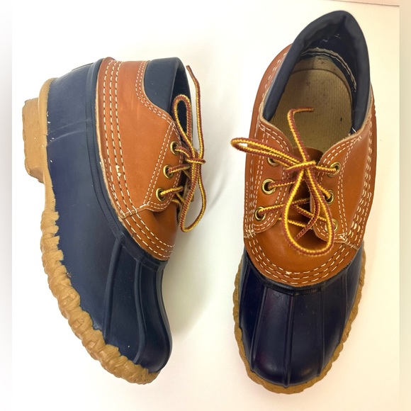 Vintage LL BEAN Bean Boots Gumshoes Duck Navy Blue Tan Leather Rubber Waterproof - Picture 6 of 16